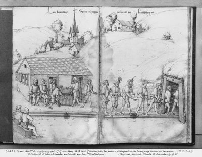 Silver Mine of La Croix-aux-Mines, Lorraine, fol.8v and fol.9r, Miners Entering the Mine, c.1530 by Heinrich Gross or Groff